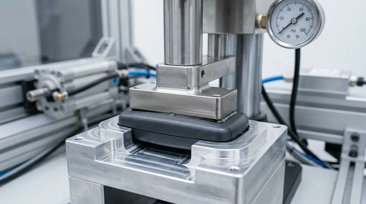 Rectangular titanium ultrasonic sonotrode horn pressing uniformly onto perimeter weld flange of two-piece plastic enclosure in CNC aluminum fixture