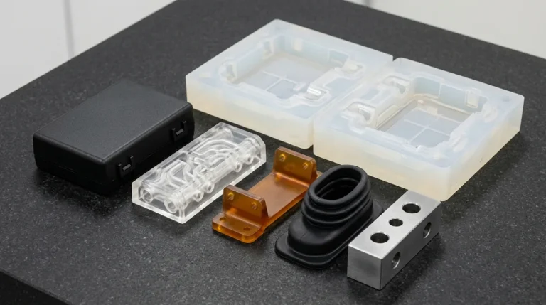 Polyurethane vacuum casting prototypes and silicone mold resting flat on granite inspection table for low-volume production