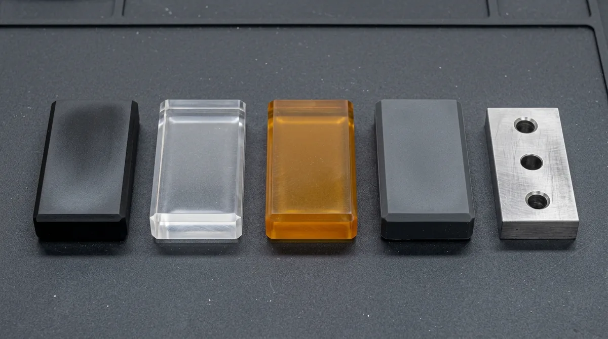 Four polyurethane vacuum casting resin specimen blocks resting flat on ESD tray showing optical clear, rigid ABS-like, and elastomeric properties