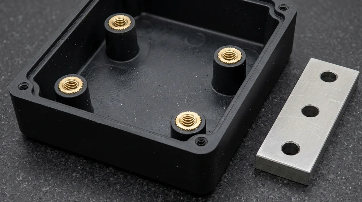 Polyurethane vacuum cast housing resting flat on granite plate showing pre-encapsulated circular knurled brass threaded inserts
