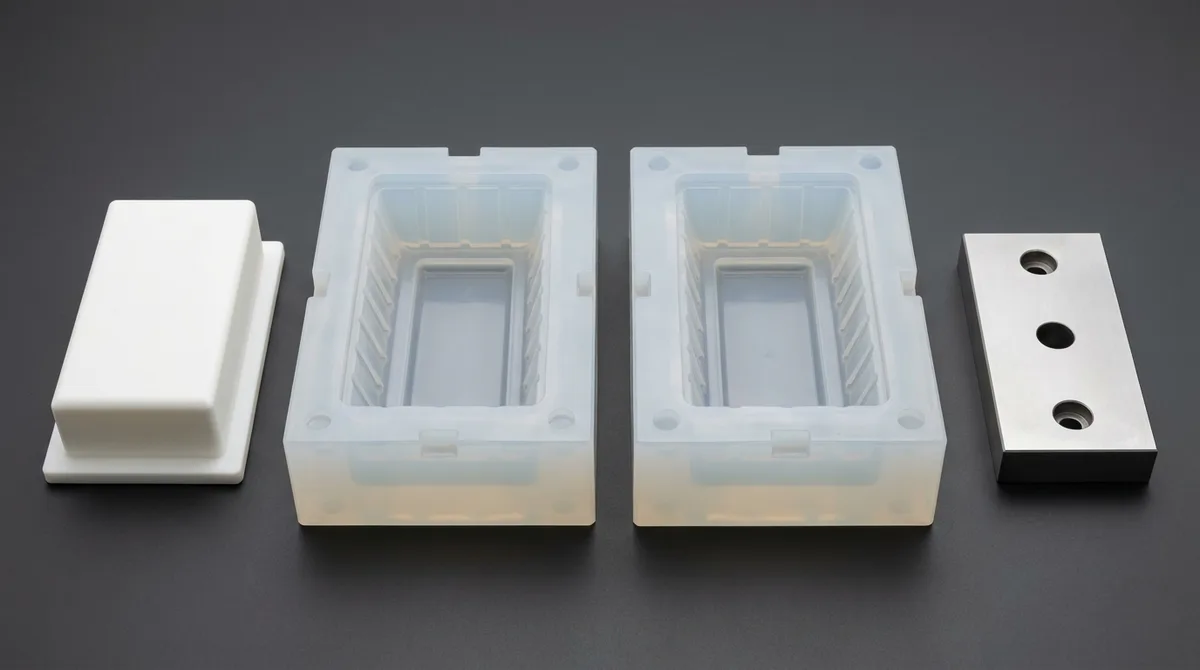Two-part RTV silicone mold and master pattern resting flat on workbench showing engineered draft angles and parting lines