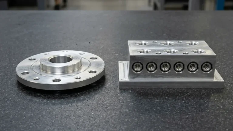 3-axis VMC milled 7075-T6 aluminum rotary flange beside 4-axis HMC machined 6061-T6 hydraulic manifold block