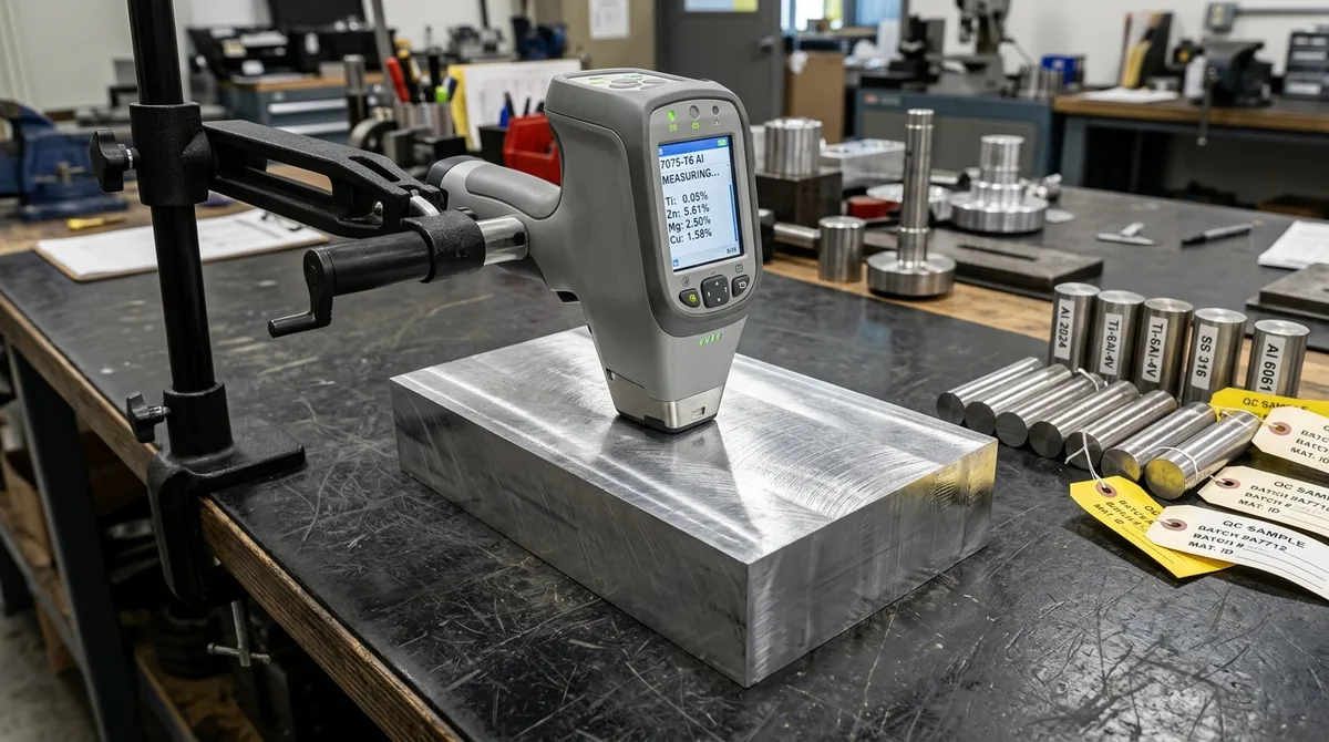 Handheld XRF positive material identification spectrometer verifying elemental composition of aerospace 7075-T6 aluminum billet